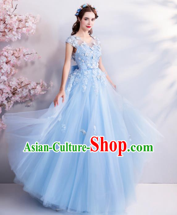 Top Grade Compere Blue Veil Formal Dress Handmade Catwalks Angel Full Dress for Women