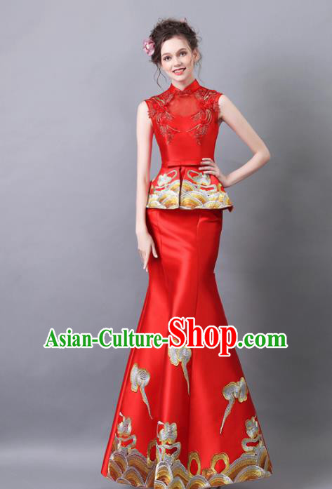 Chinese Traditional Chorus Cheongsam Wedding Bride Compere Red Satin Full Dress for Women