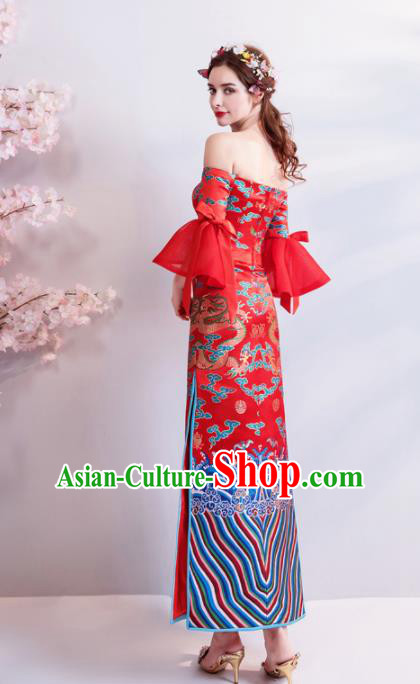 Chinese Traditional Red Cheongsam Wedding Bride Costume Compere Full Dress for Women