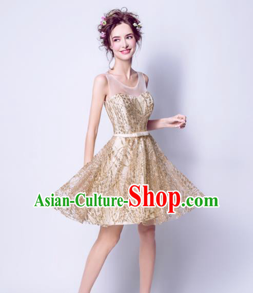 Top Grade Golden Short Evening Dress Compere Costume Handmade Catwalks Angel Full Dress for Women