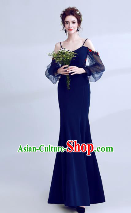 Top Grade Deep Blue Evening Dress Compere Costume Handmade Catwalks Angel Full Dress for Women