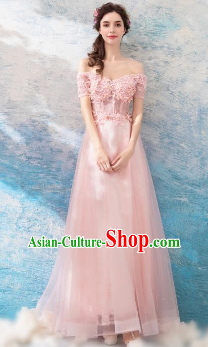 Top Grade Pink Flat Shouders Evening Dress Compere Costume Handmade Catwalks Angel Full Dress for Women