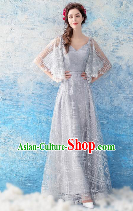 Top Grade Grey Evening Dress Compere Costume Handmade Catwalks Angel Full Dress for Women