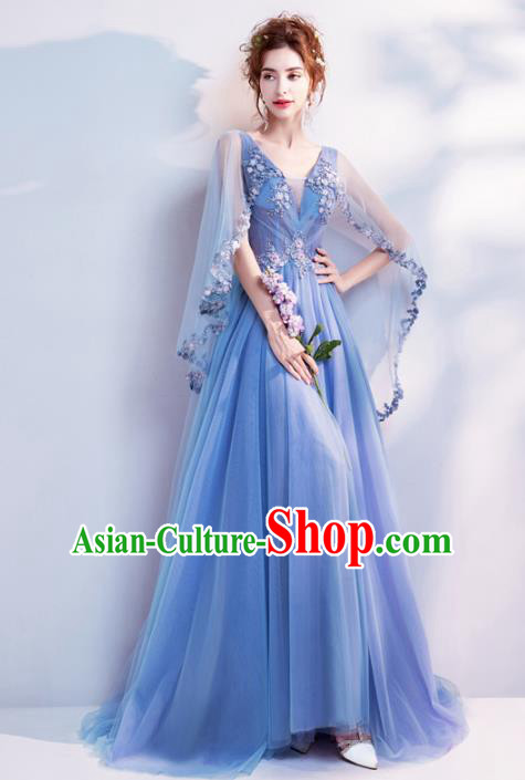 Handmade Blue Veil Evening Dress Compere Costume Catwalks Angel Full Dress for Women