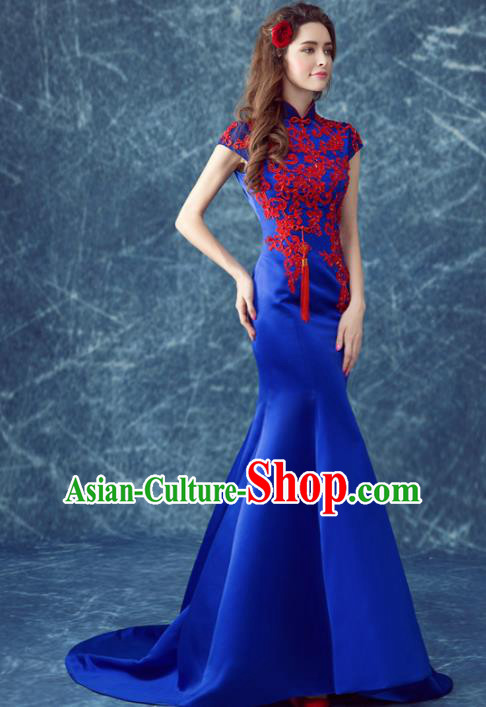 Chinese Traditional Full Dress Royalblue Silk Cheongsam for Women