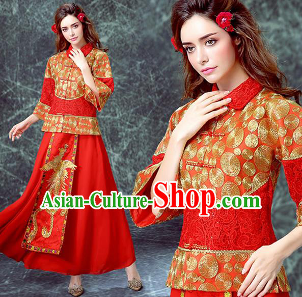 Ancient Chinese Wedding Embroidered Costumes Traditional Bride Red Xiuhe Suits for Women