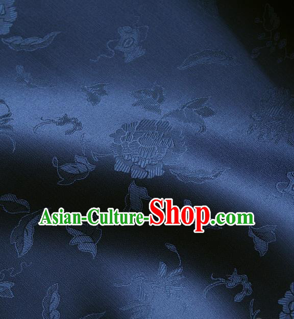 Traditional Asian Deep Blue Brocade Classical Peony Pattern Drapery Korean Hanbok Palace Satin Silk Fabric
