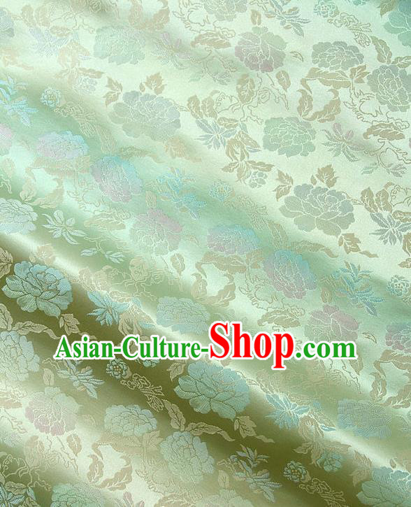 Traditional Asian Classical Peony Pattern Green Brocade Drapery Korean Hanbok Palace Satin Silk Fabric