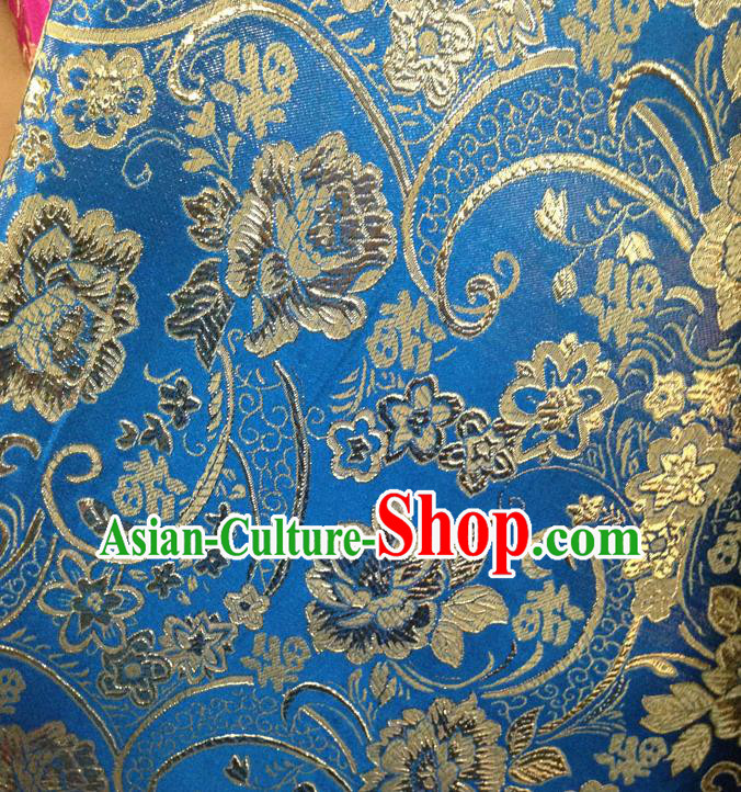 Chinese Traditional Blue Brocade Fabric Tang Suit Classical Peony Flowers Pattern Design Silk Material Satin Drapery