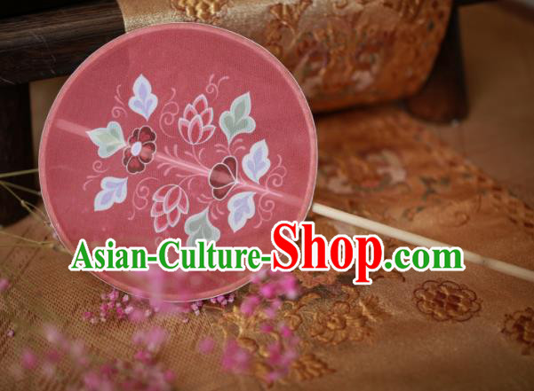 Chinese Ancient Handmade Palace Fans Traditional Hanfu Pink Silk Round Fans for Women