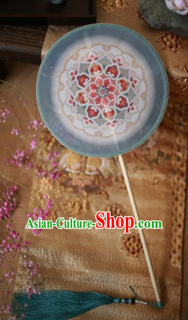 Chinese Ancient Handmade Blue Palace Fans Traditional Hanfu Round Fans for Women