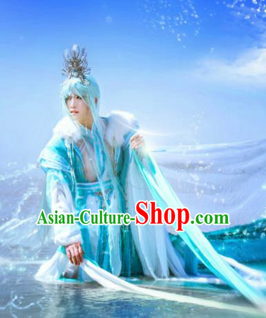 Traditional Chinese Cosplay Swordsman Blue Clothing Ancient Knight Embroidered Costumes and Headpiece Complete Set