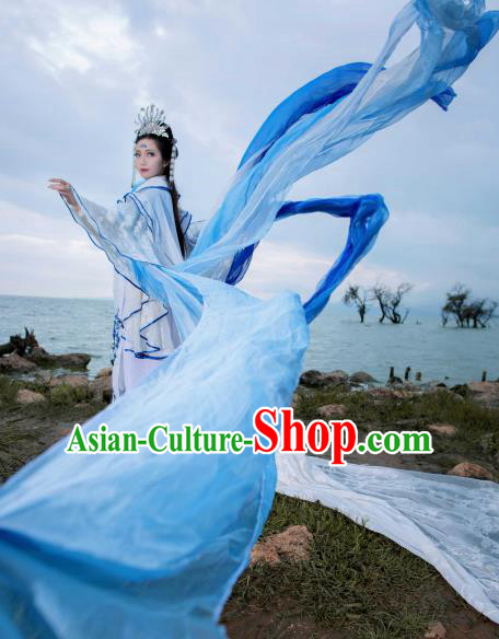Traditional Chinese Cosplay Peri Goddess Clothing Ancient Swordswoman Embroidered Costumes and Headpiece Complete Set