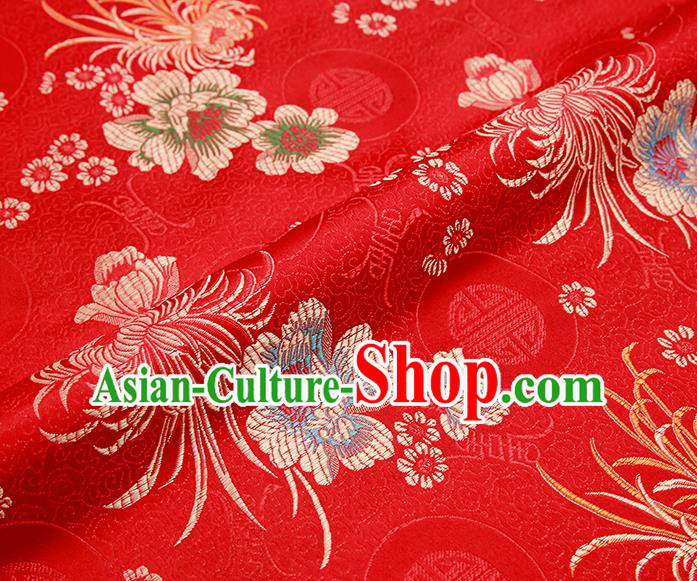 Chinese Traditional Red Satin Classical Chrysanthemum Peony Pattern Design Brocade Fabric Tang Suit Material Drapery