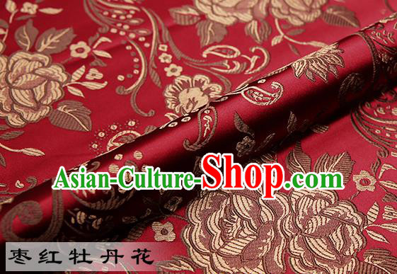 Chinese Traditional Wine Red Satin Classical Peony Pattern Design Brocade Fabric Tang Suit Material Drapery