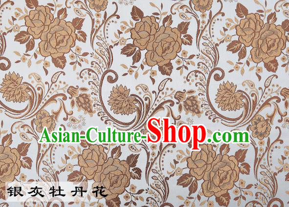 Chinese Traditional White Satin Classical Peony Pattern Design Brocade Fabric Tang Suit Material Drapery