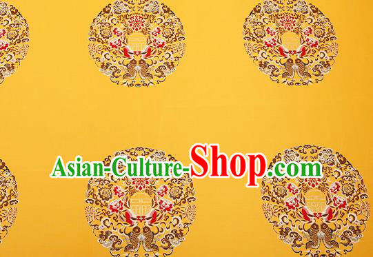 Top Grade Double Fishes Pattern Yellow Brocade Chinese Traditional Garment Fabric Cushion Satin Material Drapery