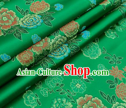 Top Grade Classical Peony Pattern Green Brocade Chinese Traditional Garment Fabric Qipao Dress Satin Material Drapery