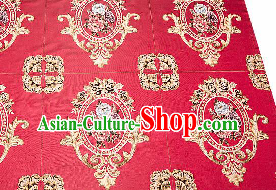 Top Grade Classical Flocked Peony Pattern Red Brocade Chinese Traditional Garment Fabric Cushion Satin Material Drapery