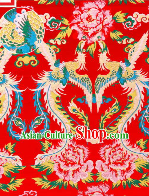 Top Grade Classical Phoenix Peony Pattern Red Nanjing Brocade Chinese Traditional Garment Fabric Tang Suit Satin Material Drapery