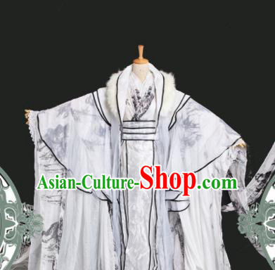Chinese Ancient Cosplay Swordsman White Costumes Traditional Royal Highness Nobility Childe Clothing for Men