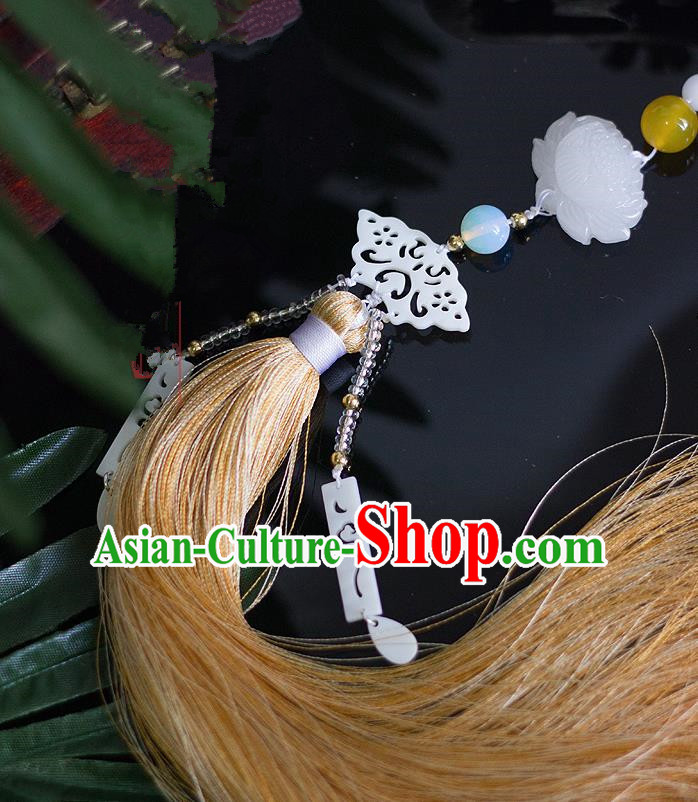 Chinese Traditional Handmade Waist Accessories Palace Yellow Tassel Lotus Jade Pendant for Men