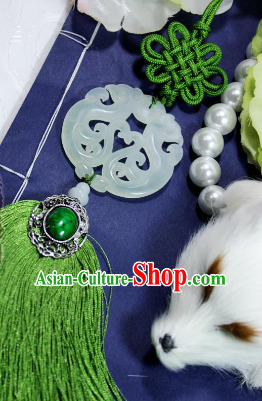 Chinese Traditional Handmade Green Tassel Waist Accessories Palace Jade Pendant for Men