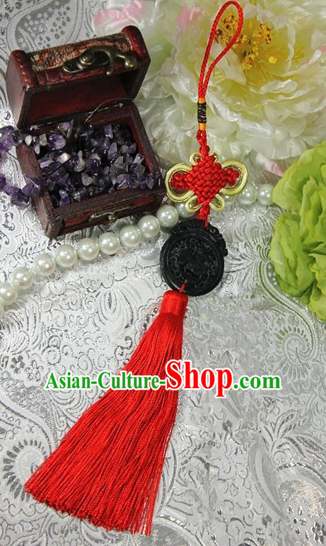 Chinese Traditional Handmade Red Tassel Waist Accessories Palace Black Jade Pendant for Men