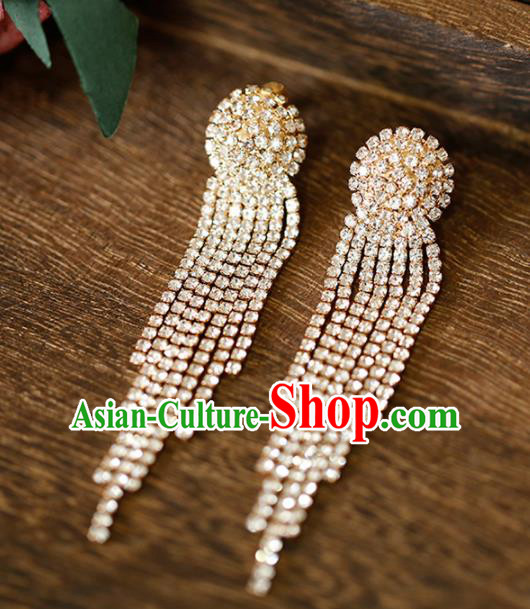 Top Grade Handmade Crystal Tassel Golden Earrings Bride Jewelry Accessories for Women