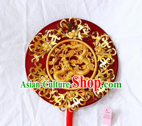 Chinese Traditional Wedding Carving Dragon Round Fans Ancient Bride Handmade Red Palace Fans for Women