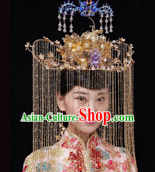 Chinese Traditional Xiuhe Suit Handmade Cloisonne Phoenix Coronet Ancient Bride Hairpins Hair Accessories for Women