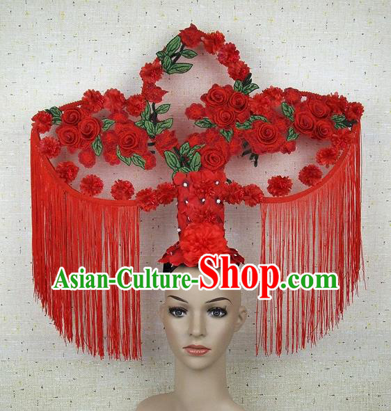 Top Grade Chinese Handmade Lace Headdress Traditional Red Roses Tassel Hair Accessories for Women