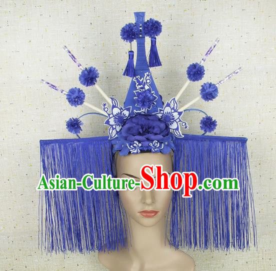 Top Grade Chinese Handmade Blue Lute Tassel Headdress Traditional Hair Accessories for Women
