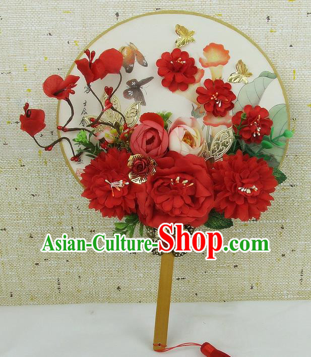Chinese Traditional Wedding Round Fans Ancient Bride Handmade Red Flowers Palace Fans for Women