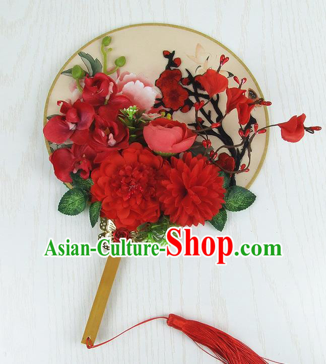 Chinese Traditional Wedding Round Fans Ancient Bride Handmade Red Peony Embroidered Palace Fans for Women
