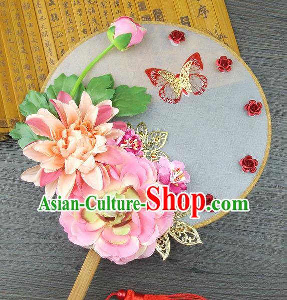 Chinese Traditional Wedding Pink Lotus Round Fans Ancient Bride Handmade Palace Fans for Women