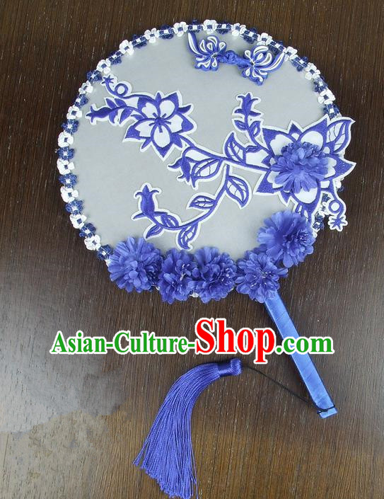 Chinese Traditional Wedding Embroidered Blue Round Fans Ancient Bride Handmade Palace Fans for Women