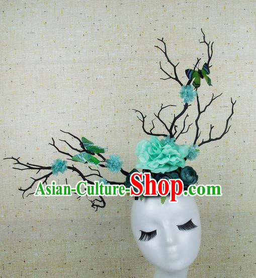 Chinese Traditional Handmade Green Peony Butterfly Hair Accessories Halloween Cosplay Headwear for Women