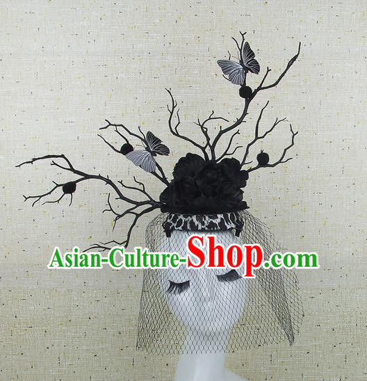 Top Grade Handmade Black Peony Butterfly Hair Accessories Halloween Cosplay Headwear for Women