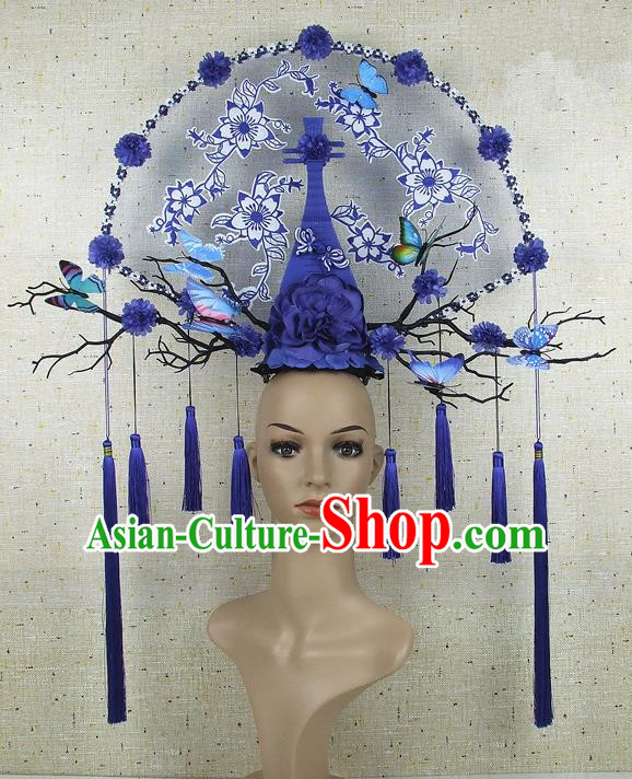 Top Grade Chinese Handmade Blue Lute Peony Headdress Traditional Hair Accessories for Women