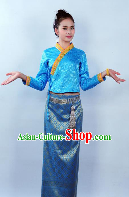 Asian Chinese Ethnic Costumes Traditional Dai Nationality Folk Dance Blue Blouse and Skirt for Women