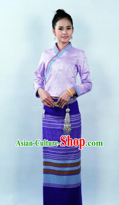 Asian Chinese Ethnic Costumes Traditional Dai Nationality Folk Dance Purple Blouse and Skirt for Women