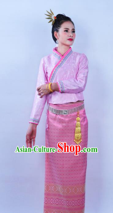 Asian Chinese Ethnic Costumes Traditional Dai Nationality Folk Dance Pink Blouse and Skirt for Women