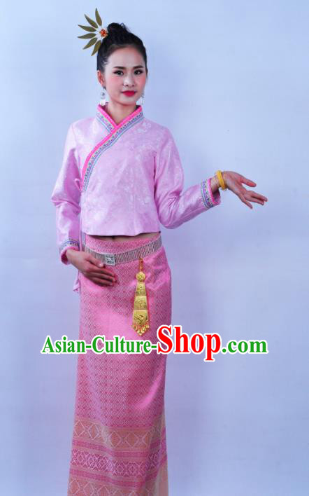 Asian Chinese Ethnic Costumes Traditional Dai Nationality Folk Dance Pink Blouse and Skirt for Women