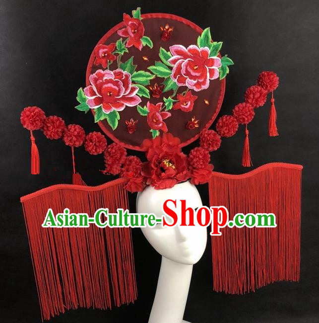 Chinese Traditional Palace Exaggerated Headdress Catwalks Red Tassel Peony Hair Accessories for Women