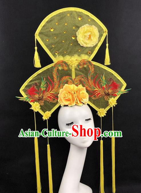 Chinese Traditional Palace Exaggerated Headdress Embroidered Phoenix Yellow Catwalks Hair Accessories for Women
