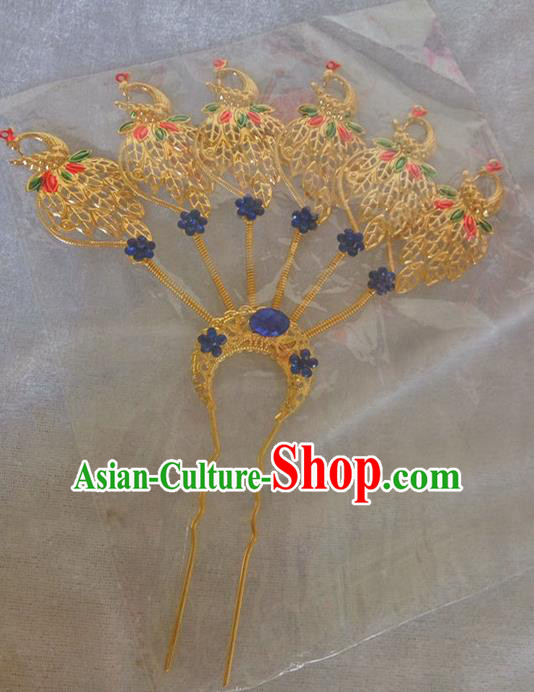 Chinese Ethnic Dai Nationality Hair Accessories Traditional Golden Peacock Hairpins for Women