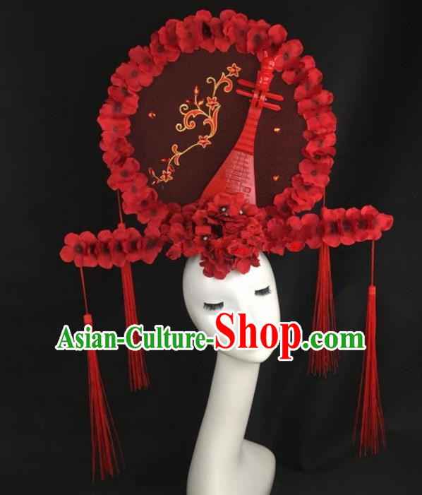 Chinese Traditional Exaggerated Headdress Palace Catwalks Red Lute Hair Accessories for Women