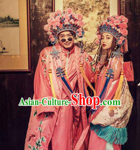 Asian Chinese Ancient Wedding Costumes Traditional Bride and Bridegroom Pink Clothing for Women for Men