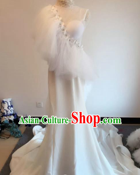 Top Grade Catwalks Costume Wedding White Satin Trailing Full Dress for Women